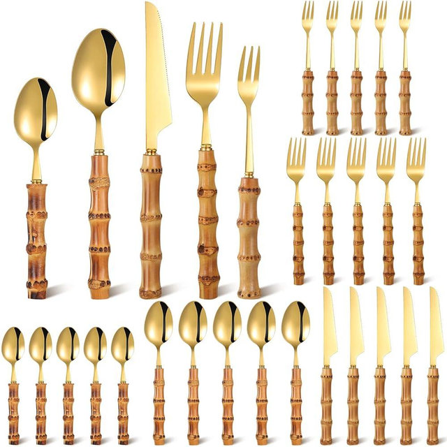 Eboot Bamboo Silverware Set 18/8 Stainless Steel Tableware Set Natural Utensil Flatware Kit Spoon Fork Knives Bamboo Handle Cutlery for Kitchen Wedding Home Restaurant Party(Gold,30 Pieces)