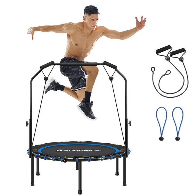 SONGMICS 40 Inches Mini Fitness Trampoline, Fitness Rebounder with Adjustable Handrail, Foldable Trampoline for At-Home Workout, Max. Load 264.6 lb