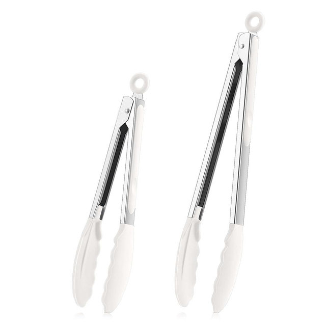 TeamFar Kitchen Tongs, 9" and 12" Stainless Steel Cooking Tongs with Silicone Tips for Cooking Grilling Serving & BBQ, Heat Resistant Silicone Tongs, Locking Design & Dishwasher Safe, Set of 2 & White