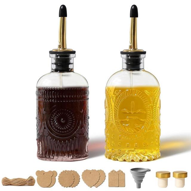 RACOBOT Oil and Vinegar Dispenser Set, 7 fl oz Oil and Vinegar Bottles 2 Pack, Glass Cooking Oil Bottle with Stainless Steel Spout, Silicone Funnel and Tags, Clear