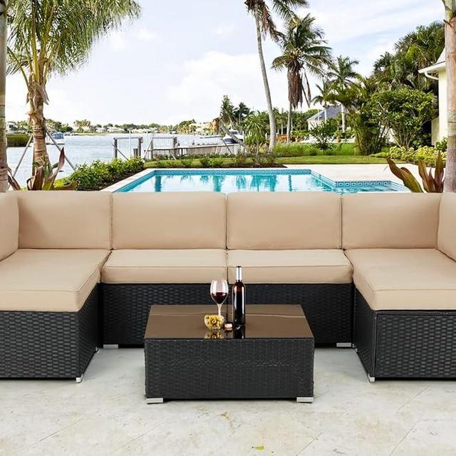 U-MAX 7 Piece Outdoor Patio Furniture Set, Black PE Rattan Wicker Sofa Set, Outdoor Sectional Furniture Chair Set with Khaki Cushions and Tea Table