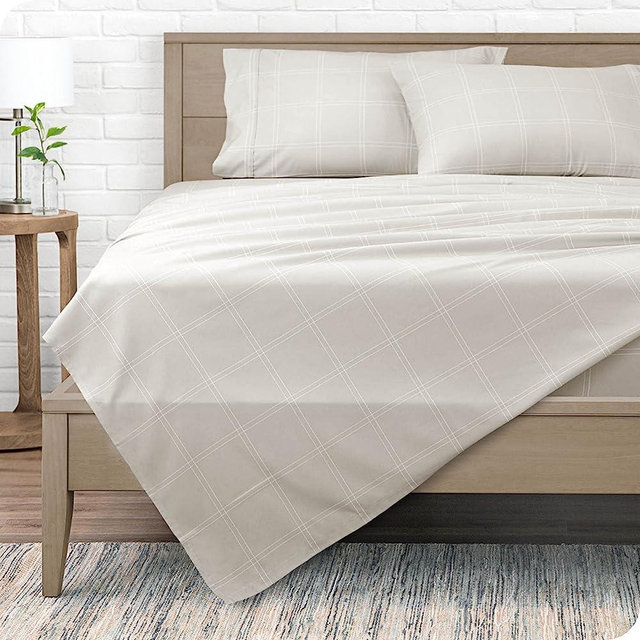 Bare Home King Sheet Set - Luxury 1800 Ultra-Soft Microfiber King Bed Sheets - Double Brushed - Deep Pockets - Easy Fit - 4 Piece Set - Bedding Sheets & Pillowcases (King, Modern Plaid - Stone/White)