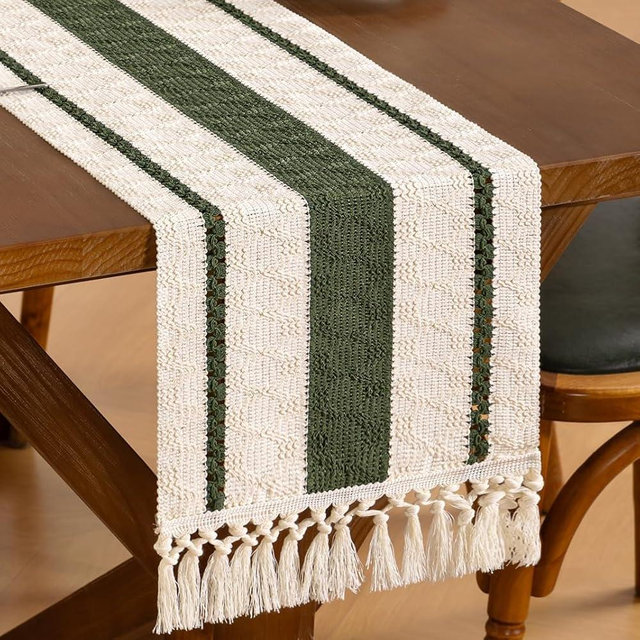 Santaben Boho Woven Cotton Linen Table Runner Olive Green & Ivory 11"x70" with Tassels Rustic Macrame Farmhouse Table Runner for Summer Dining Room Wedding Kitchen Party