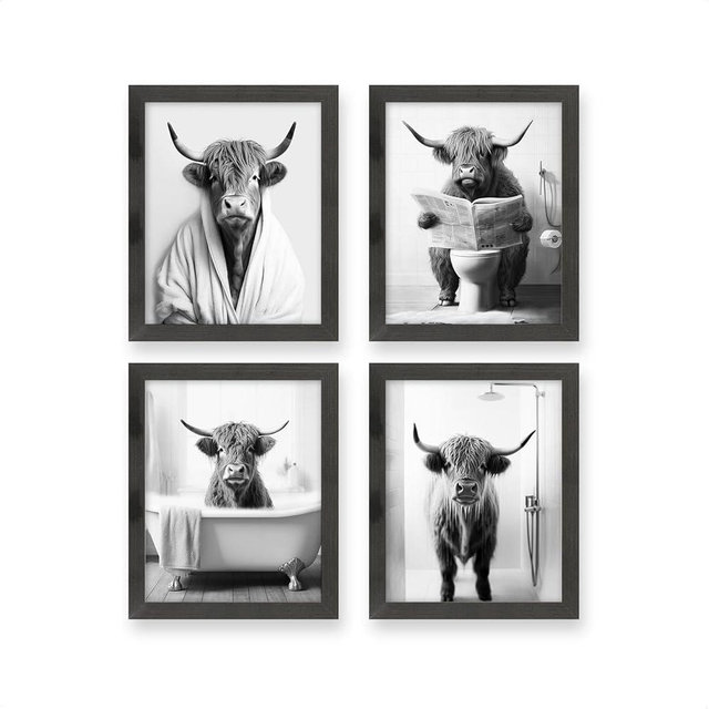 heilkee Black and White Highland Cow Bathroom Decor Funny Animal Bathroom Wall Art Modern Farmhouse Wall decor Cattle in Bathtub Picture Cow in Toilet Posters Prints Set of 4(Black Framed, 8x10in)