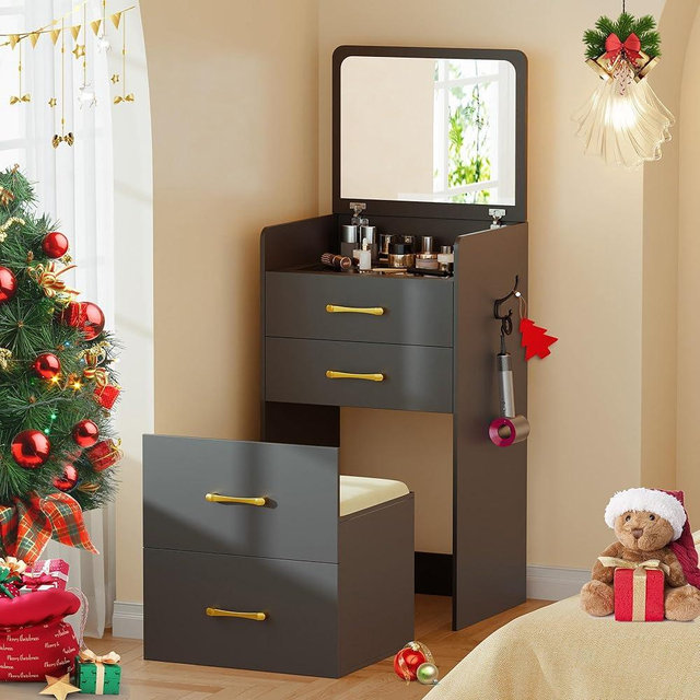 Gurexl 3 in 1 Vanity Desk with Flip Top Mirror for Bedroom,Small Compact Vanity with Visible Glass Desktop for Cloakroom,Makeup Vanity Set with 3 Drawers,Cushioned Stool,Black