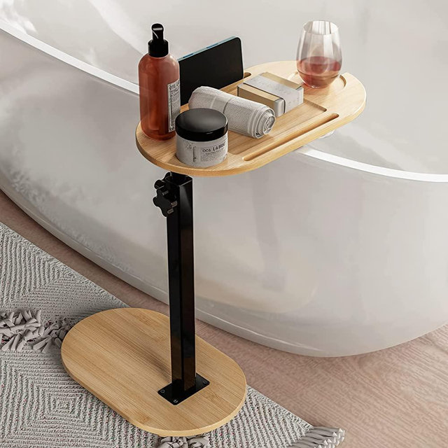 Yumkfoi Bamboo Bathtub Tray Table with Adjustable Height, Freestanding Bath Caddy Tray for Tub Against Wall, Bathtub Side Table Tub Shelf for Luxury Bath Home Spa Bathtub Accessories and Gift Choice