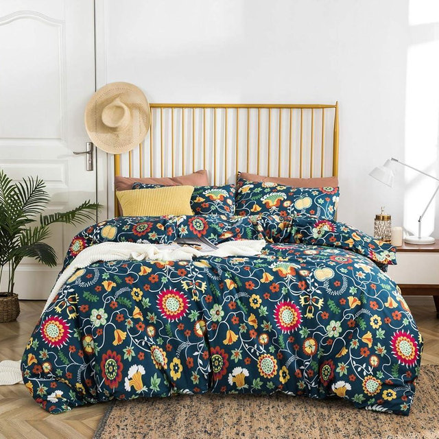 YuHeGuoJi Colorful Floral Duvet Cover King 100% Cotton 3 Pcs Set 1 Teal Botanical Duvet Cover with Zipper Ties 2 Pillowcases Garden Yellow Cactus Red Sunflower Pattern Bedding Set Soft