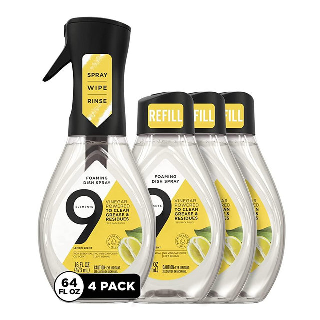 9 Elements Dish Spray, Dish Soap and Dishwashing Liquid, Lemon Scent, 1 Starter Kit & 3 Refills (64 oz Total)