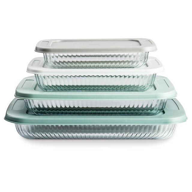 COOK WITH COLOR 8-Piece Deep Glass Baking Dish Set with Plastic Lids – Casserole and Food Storage Containers for Lasagna, Leftovers – Freezer-to-Oven, Microwave & Dishwasher Safe, Fluted Sage