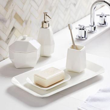 Faceted Porcelain Bath Accessories, White, Set of 5