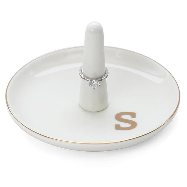 HOME SMILE Initials Ring Holder Jewery Tray with personalized S-Monogrammed Engagement Gifts for Friends,Birthday Mother's Day Christmas Gifts for Women,Ceramic White