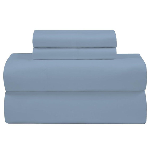 ROYALE LINENS 300 Thread Count Cotton Sateen Sheet Set - 4 Piece King Bed Sheets - 1 Fitted, 1 Flat & 2 Pillow Cases - Soft Cool & Crisp Sheet Set (King, Dusty Blue)