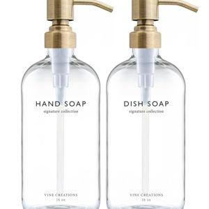 Vine Creations Clear Glass Soap Dispenser Set, Dish Soap and Hand Soap Dispenser Set with Stainless Steel Pump, 16 oz Glass Dispensers for Kitchen Bathroom Decor (Clear Bottle/Brushed Brass Pump)