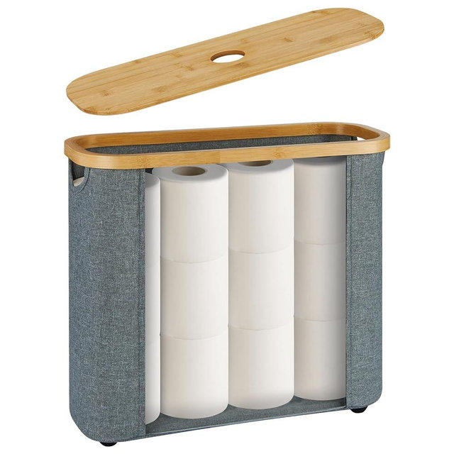 ELONG HOME Sleek Toilet Paper Storage, 30L Grey Fabric Toilet Paper Storage with Bamboo Lid, Durable Lining Storage Basket for TP, Towels, or Bathroom Essentials