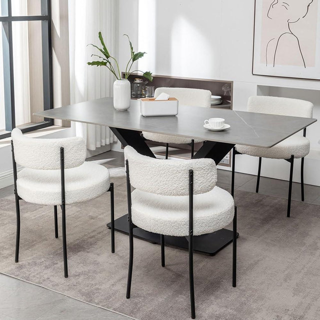 Cinxzar White Boucle Dining Chairs Set of 4, Upholstered Dining Room Chairs with Black Metal Legs, Round Modern Dining Chair for Dining Room, Kitchen