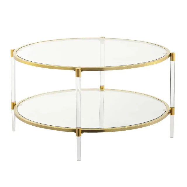 Royal Crest 2 Tier Acrylic Glass Coffee Table Clear/Gold - Breighton Home: Elegant Oval Shape, Tempered Shelves