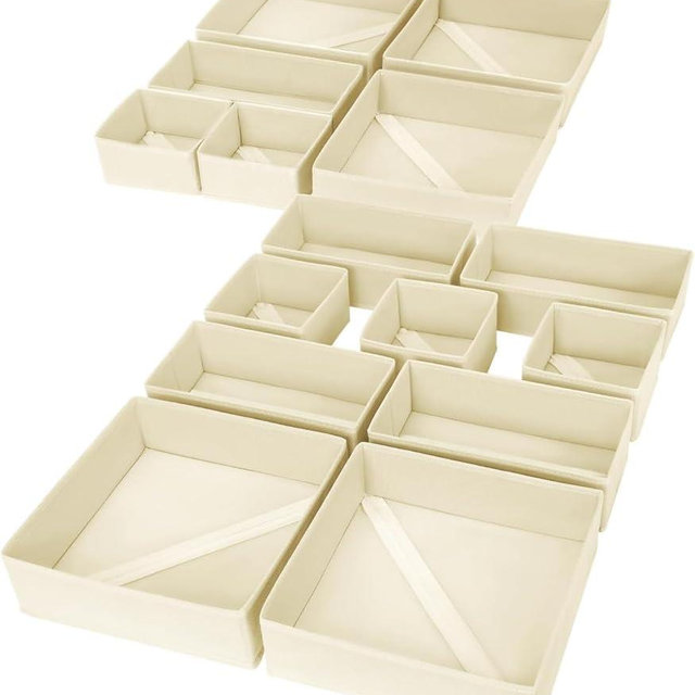DIMJ Drawer Organizer Clothes, 15 Pack Dresser Organizer, Foldable Closet Organizers and Storage, Fabric Dresser Bins, Drawer Dividers for Nursery, Baby Clothes, Underwears, Sock (Beige)
