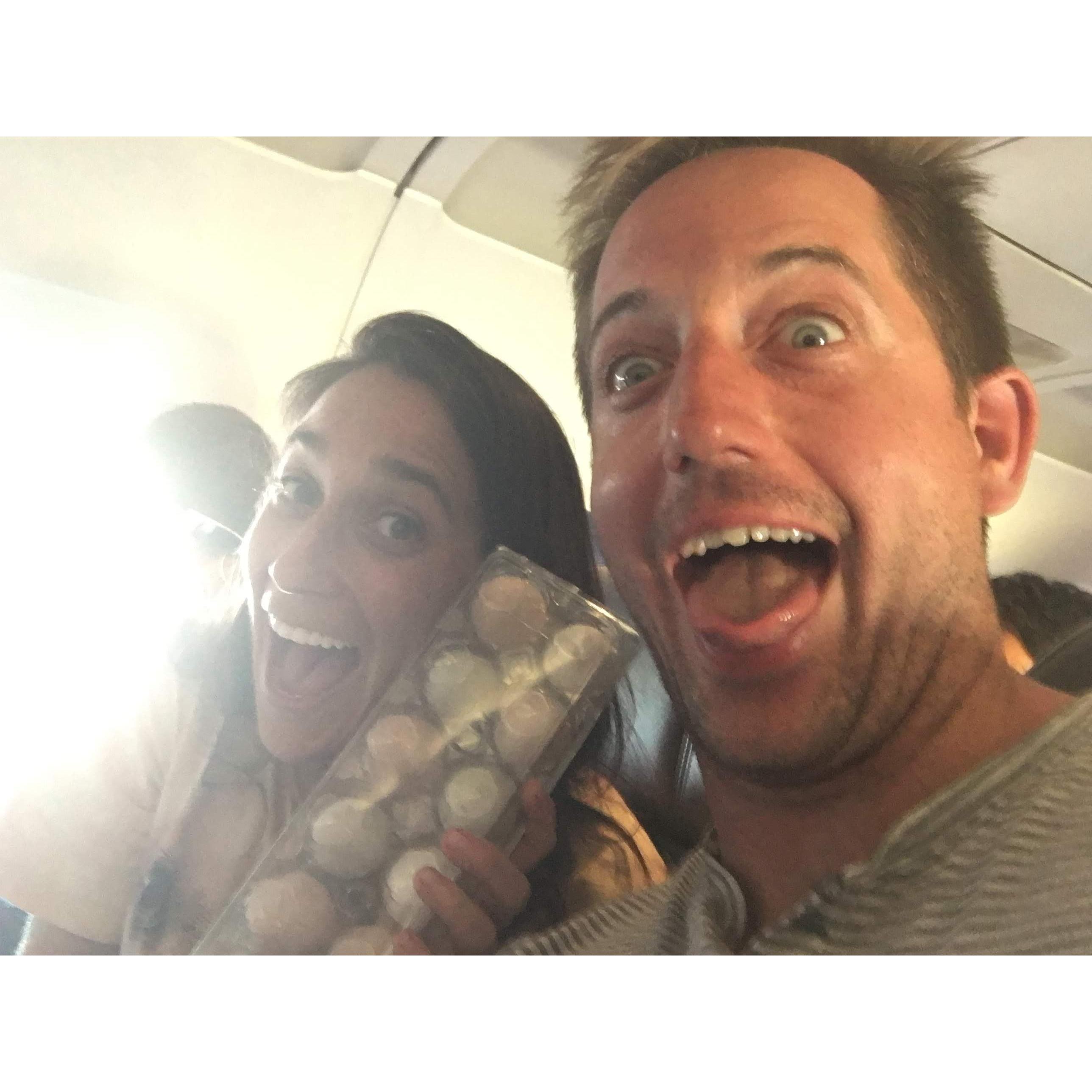 Us with eggs on an airplane.