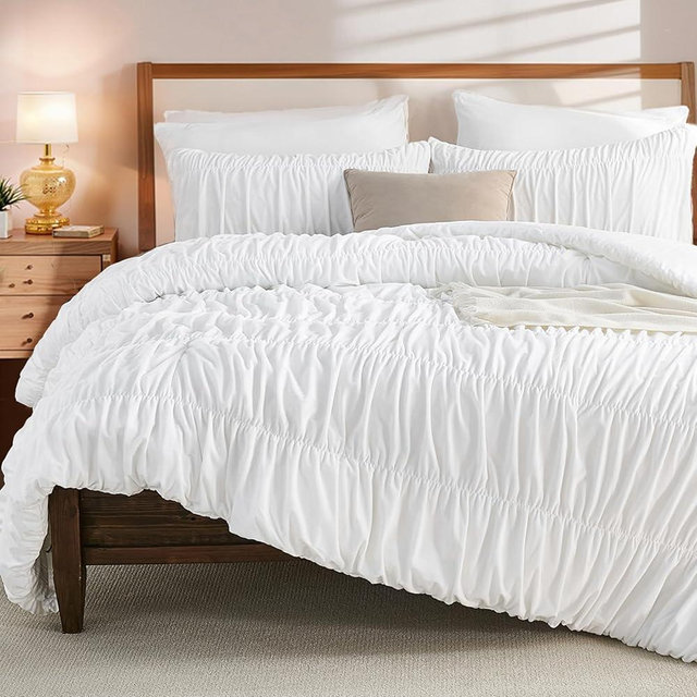 Bedbay Velvet Wrinkled White Comforter Set King Size,White Ruched Bedding 3 Pcs,Boho Bedding Comforter,Luxury Ruffled Velvet Bedding Sets,Shabby Chic Ruffle Fluffy Comforter Bed Set