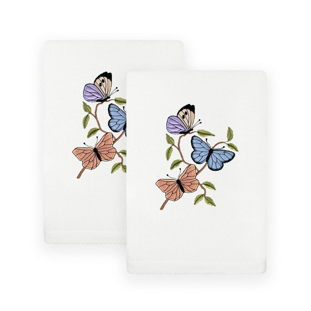 Linum Home Spring Butterflies Embroidered Luxury 100% Turkish Cotton Hand Towel Set, 30" x 16"