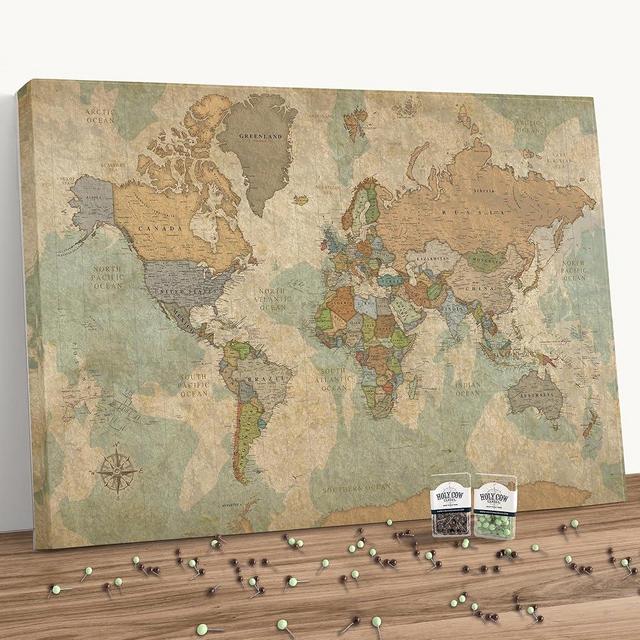 Holy Cow Canvas World Map on Canvas in Vintage Earth Tones, Travel Map with Pins to Mark Travels, World Map Pin Board, Push Pin Travel Map, Travel Map Tracker (40" x 24", Gallery Wrapped)