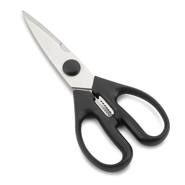 ARCOS Kitchen Scissors 8 Inch Nitrum Stainless Steel and 195 mm blade. 154 gr. Ergonomic Polyoxymethylene POM Handle. Series Prochef. Smooth edge and stylish wooden handle. Color Black.