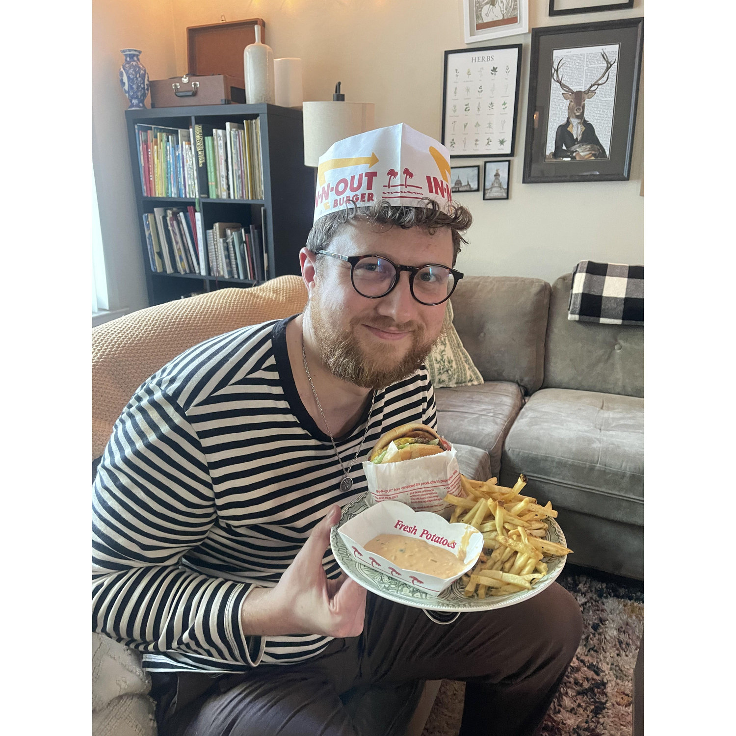How a man looks after being awake for basically 38 hours, travelling for around 26 hours from Middlesbrough to California via Edinburgh, as he finally gets some calorific American food