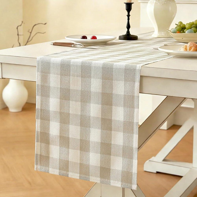 Laolitou Spring Beige Checkered Table Runner, Cotton Linen Gingham Table Runners, Classic Buffalo Plaid Farmhouse Table Decor, 13x72 Inches