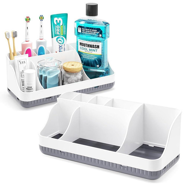 Bathroom Counter Organizer and Storage, 7 Slots Detachable Toothbrush Holders for Bathrooms, Anti-Slip Electric Toothbrush and Toothpaste Holder Countertop Vanity Organizer Accessories for Adults Kids