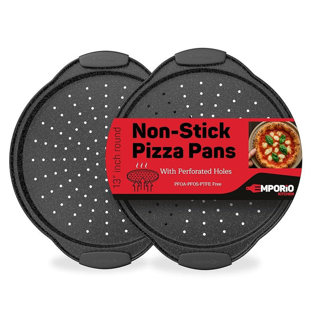 Non-Stick Pizza Pan with Silicone Handle 2 Pack, 13 Inch Round Carbon Steel Tray with Perforated Holes, Dishwasher & Oven Safe Up To 450°F, PFOAPFOSPTFE Free, Durable Nonstick Gray Marble Coating