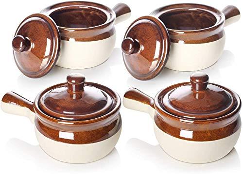 LIFVER French Onion Soup Crocks, Soup Bowls with Handles and Lids, 18 Ounces Ceramic Bowls for Soup, Stew, Chili, Set of 4