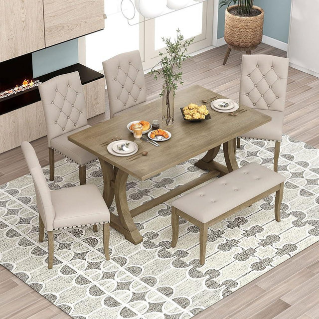 Farmhouse 6-Piece Dining Room Table Set,Rectangular Trestle Table and 4 Upholstered Chairs & Bench,Kitchen Furniture Set for Family (Natural Wood Wash/3)