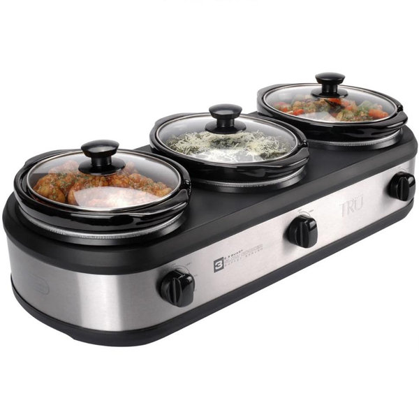 TRU Triple Buffet Server - Three 2.5 Quart Removable Crock Inserts - Slow Cooker & Food Warmer with Individual Heat Control - Includes Lid Rests & Serving Spoons