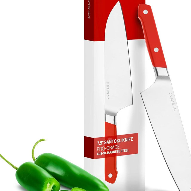 Misen Japanese Santoku Chef Knife - 7.5 Inch High Carbon Stainless Steel - Classic Japanese Knife Design for Cutting, Slicing, and Chopping - Razor Sharp Japanese Style Kitchen Knife, Red