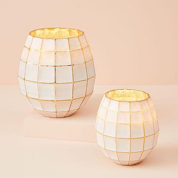West Elm Gold and White Lantern Candle - Small Birchwood