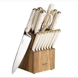 Martha Stewart 16 Piece Lockton High Carbon Stainless Steel Cutlery Kitchen Knife Block Set W/ABS Tripe Riveted Forged Handle Acacia Wood Block - Linen White W/Gold