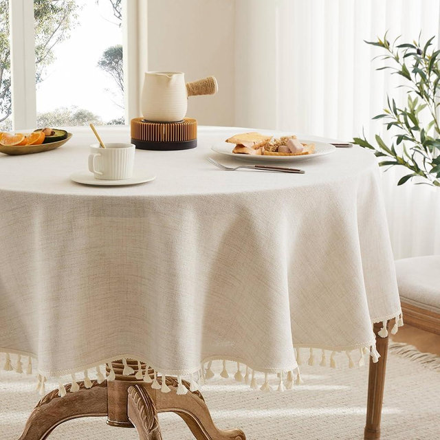 YZJZEDS Linen Tablecloth with Tassels, Farmhouse Style Light Beige Tablecloth, Water Resistant Burlap Tablecloths for Round Table, 60 Inch Round Light Tan