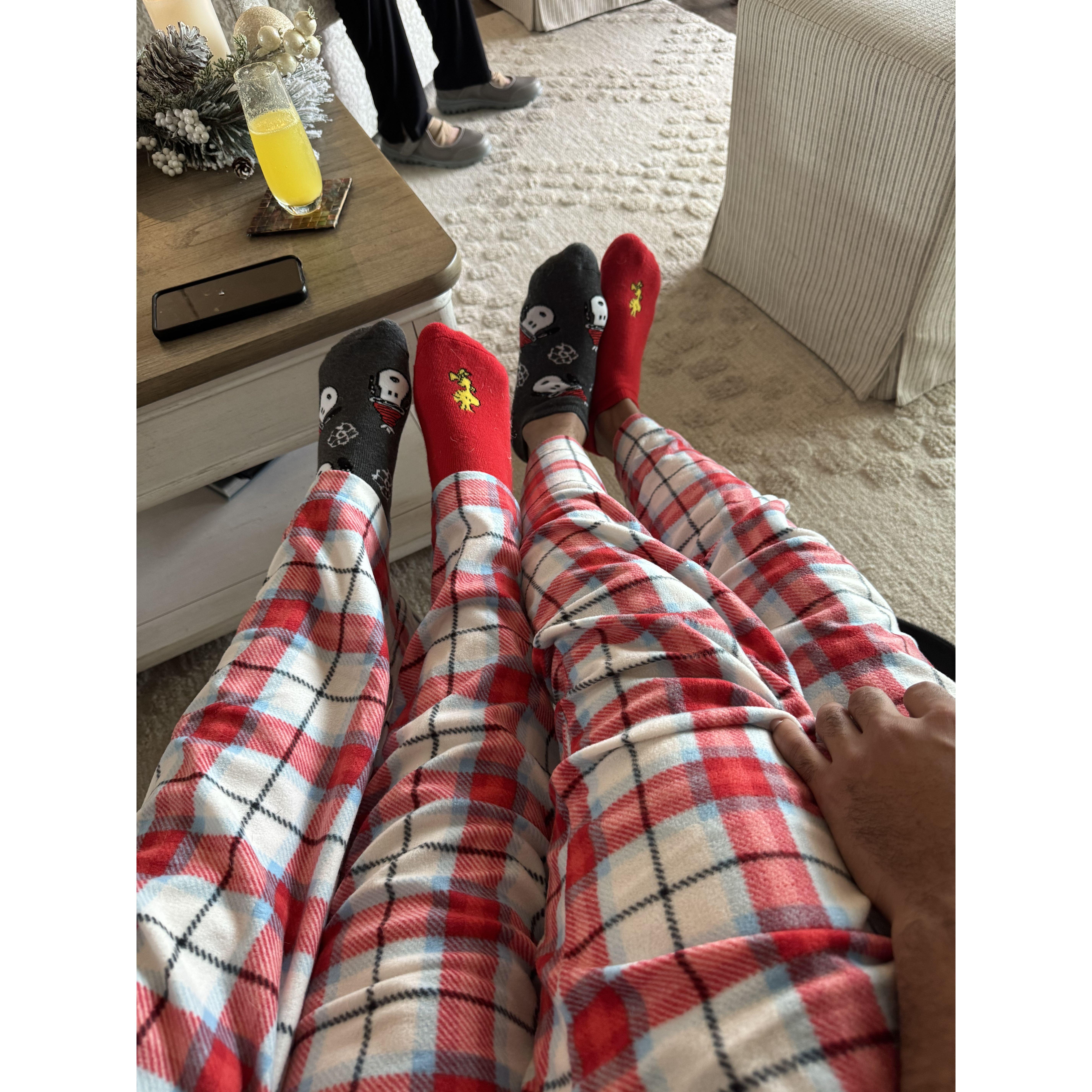 Matching Christmas pajamas all the way down to our socks!