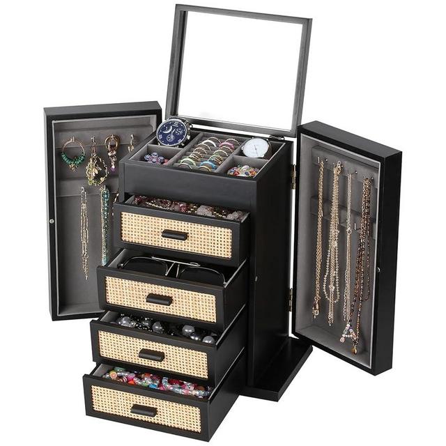 Jewelry Organizer, Rattan Jewelry Box, 5 Layer Wooden Jewelry Organizer Box with Mirror, Jewelry Boxes with 4 Drawers for Women Men, Black Jewelry Storage for Rings Earrings Necklaces Bracelets Watch