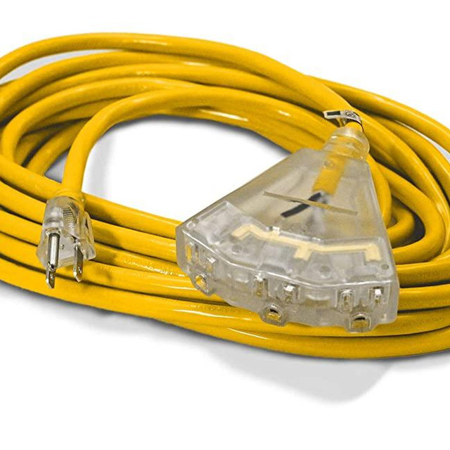 25-ft 14/3 Heavy Duty 3-Outlet Lighted SJTW Indoor/Outdoor Extension Cord by Watt's Wire - Yellow 25' 14-Gauge Grounded 15-Amp Three-Prong Power-Cord (25 foot 14-Awg)