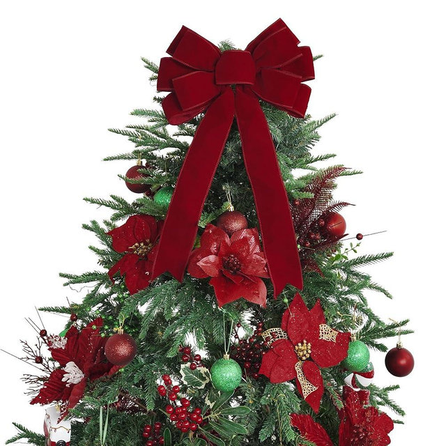 LiBongTa 13" Red Bow Pre-Tied Bow for Christmas Tree, Red Velvet Ribbon Bow for Wreaths, Tree Toppers Bow, Premade Bow, Gift Bow for Party Favor, Christmas Home Indoor Outdoor Decor-1 Counts