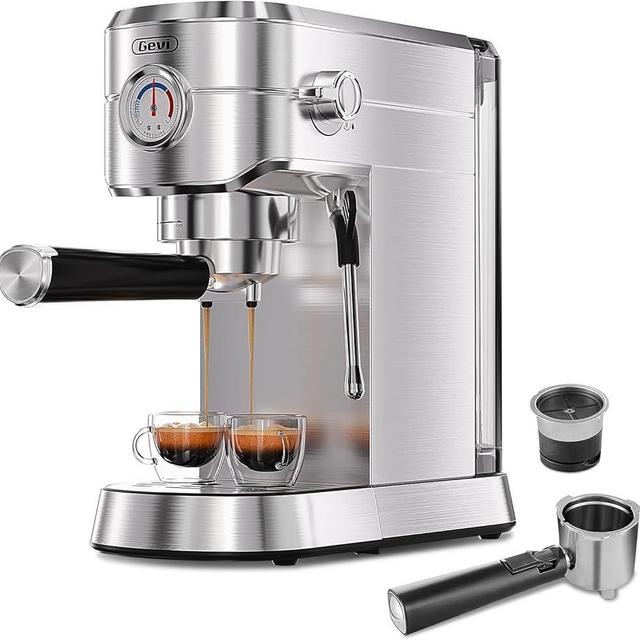 Gevi Espresso Machine 20 Bar with Portafilter for Nespresso Original Capsules and Coffee Powder, Professional Espresso Maker with Milk Frother for Cappuccino, Latte, Compact Espresso Coffee Machine