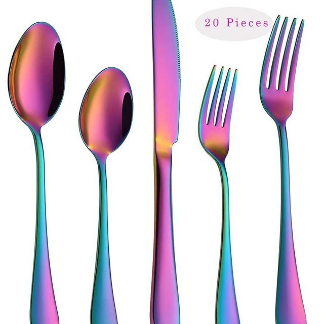 Rainbow Flatware Cutlery Silverware Set 20 Pieces, Stainless Steel Colorful Utensils, Tableware Set Service for 4, Include Knife/Fork/Spoon, Reusable, Mirror Polished, Dishwasher Safe
