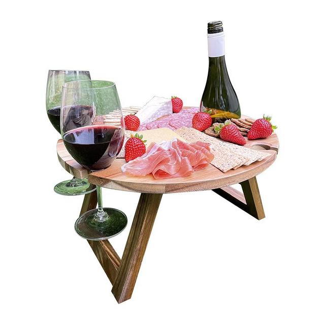 Portable Picnic Table Folding Wine Picnic Snack Table Tray Wooden Outdoor Picnic Table with Wine Bottle and 4 Glasses Holder for Park Camping Beach Garden Lawn Wine Lover (Acacia)