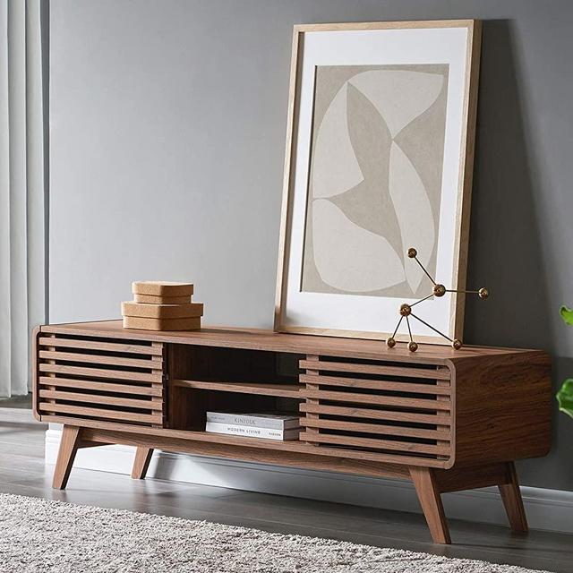 Mopio Ensley Tv Stand 59" Mid-Century Modern Low Profile with Sleek Rounded Finishing Suitable for Tv Under 55""