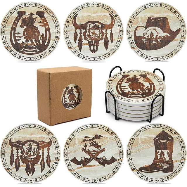Western Desert Cowboy Coasters for Drinks,Vintage Western Absorbent Coaster for Home Decor,6PCS Stone and Cork Coasters Set with Holder for Coffee Table,Home Living Ideas Gift for Men Women