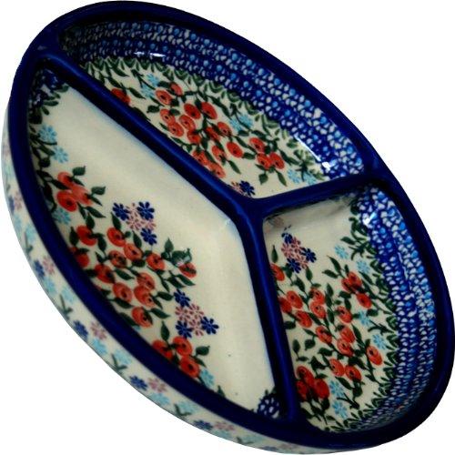 Polish Pottery Ceramika Boleslawiec 0727/282 Royal Blue Patterns Mercedes Divided Platter, 10-3/4-Inch Diameter, Red Berries and Daisies