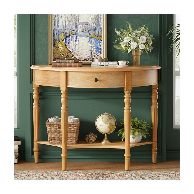 Polibi Farmhouse Crescent Entry Console with Drawer & Shelf, Natural