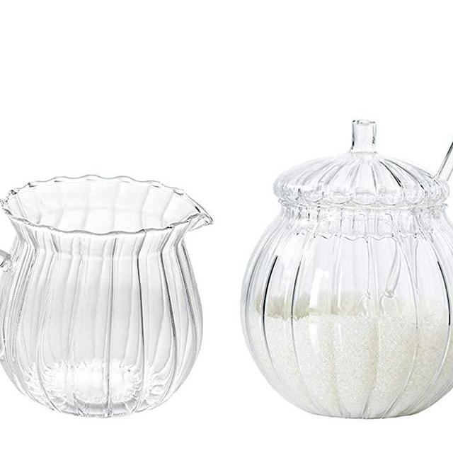 2pcs Striped Glass Cream Jug Sugar Bowl Sugar Jar Seasoning Pot Coffee Serving Set