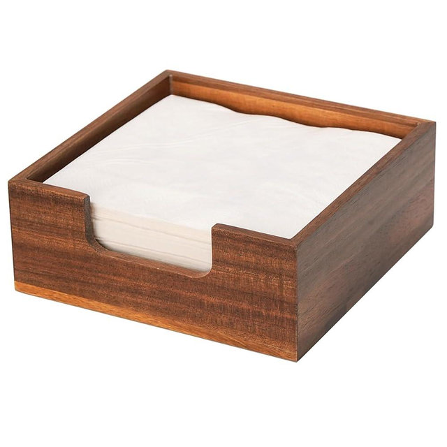 Acacia Cocktail Napkin Holder for Table, Wooden Napkin Holder, Flat Square Beverage Napkin Tray, Farmhouse Cocktail Napkin Caddy for Bar, Party, Dinner, Kitchen Dining Table, 5.5 x 5.5 inches